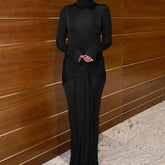 High Neck Long Sleeve Bodycon Dress For Women Tight Elastic Lace Up Maxi Long Dress Autumn 2024 New Party Club Vestidos