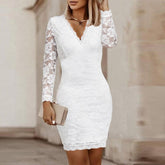 Fall Fashion Perspective Lace Long Sleeve Party Dress Patchwork Women Casual Dress White Elegant Embroidery Slim Fit Mini Dress
