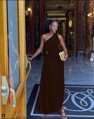 Hoobd Lady Roll Waist Sleeveless Pleated Ruched A-line Dress Women One Shoulder Sexy Prom Evening Dresses New Fahion Chothing