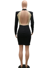 Cocktail Dresses For Women Evening Party Kricesseen Sexy Crystal Beading Mesh Patchwork Mini Dress Womens Long Sleeve Backless Bodycon Dresses Party Clubwear Outfits