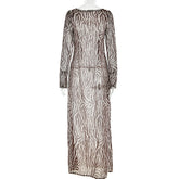 Elegant Zebra Print Maxi Dress for Women Outfits Sexy See Through Long Sleeve Bodycon Club Party Dress 2023 Spring Casual Dress