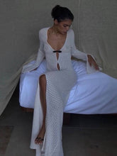 Hoobd Summer Beach Holiday Knitted Maxi Dress Outfits for Women Party Club Long Sleeve See Through Dresses Hollow Out