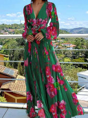 Hoobd Elegant Printed Chiffon Party Dress Women Sexy V-neck Split Boho Long Dress Casual Long Sleeve Crossover Belt Beach Cover Up