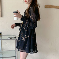Autumn Womens Sexy Black Dress Vintage Flower Long Puff Sleeve Chiffon Dresses Korean Casual Mini Vestidos Mujer Clothes 13676