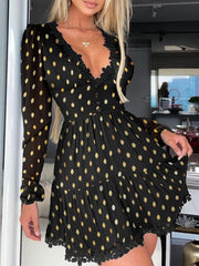 Hoobd Polka Dot Print Lace Trim Ruched Dress Women Sexy Plunge Long Sleeve Flared Mini Dress