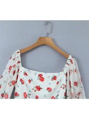 2023 Women French Style Rose Flower Print Satin Dress Vintage Puff Long Sleeve Ladies Holiday Mini Robe