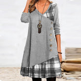Fashion Long Sleeve V Neck Midi Dress Autumn Ladies Button Splicing Loose Dress New Vintage Geometric Puzzle Print A-line Dress