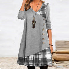 Fashion Long Sleeve V Neck Midi Dress Autumn Ladies Button Splicing Loose Dress New Vintage Geometric Puzzle Print A-line Dress