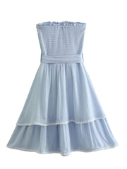 Hoobd New Women With Belt Blue Strapless Sexy Dress Sleeveless Elegant Ladies Mini Dresses