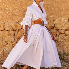 Hoobd2023 Chic Solid Color Lapel Shirt Dress Women Spring Button-up Long Pullover Dress New Autumn Long Sleeve Hem Pleated Maxi Dress