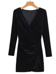 Hoobd New Spring 2023 Women Long Sleeve V Neck Ruched Velvet Mini Dress Vintage Ladies Sexy Vestido