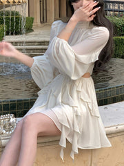 2023 Summer Beach Style Chiffon Y2k Mini Dress Office Lady Casual Long Sleeve Elegant One Piece Dress Korean Fashion Clothing