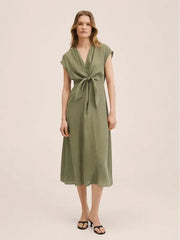 Women Vintage Front Bow Bandage A-line Party Dress Sexy Deep V neck Solid High Street Casual Dress Summer New Fashion