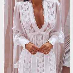 2023 New Women Autumn Boho Fashion Elegant Dresses Sexy V Neck Solid Sheer Mesh Long Puff Sleeve Butterfly White Lace Mini Dress