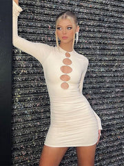 Fashion Diamonds Hollow Out Flare Sleeve Bodycon Mini Dress Female Club Party Short Dress Sexy White Dresses Women
