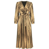 Fashion Golden Party Dinner Evening Dresses Luxury Women High Waist Bling Robe Sexy V-Neck Lace Up Elegant Long Dress with Belt