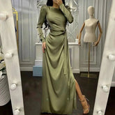 Hoobd Elegant Women Bodycon Party Dress Summer Long Sleeve Slim Fit Sundress Femme Robe Solid Round Neck Ladies Long Dress Cover Up