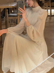 2023 Spring Turtleneck White Midi Dress Women Long Sleeve French Elegant One Piece Dress Korean Fashion Y2k Clothing Design