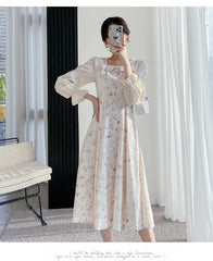 Long Sleeve Embroidery Floral Dress Women Autumn New French Elegant Dress Female Casual Square Collar High Waist Sexy Dresses