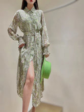 Fashion Designer Spring Print Midi Chiffon Dress Women 2023 New Elegant Long Sleeve Single Breasted Vintage Vacation Robes