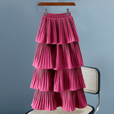 2023 New Spring Summer Women High Waist Slim Long Skirt Korean Sweet Solid Color Multi-layer Pleated Hem Cake Skirt 7 Colors