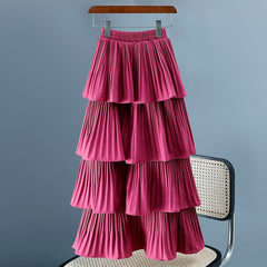 2023 New Spring Summer Women High Waist Slim Long Skirt Korean Sweet Solid Color Multi-layer Pleated Hem Cake Skirt 7 Colors