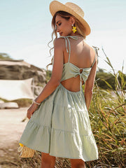 2023 New Summer Women's Green Crinkled Cotton Linen Slip Dress For Ladies Halter Solid Color A Line Causal Dresses