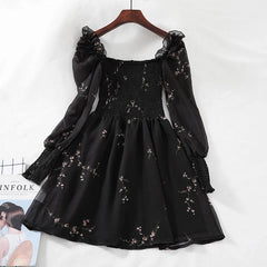 Korean Vintage Flower Black Dress Women Long Puff Sleeve Chiffon Spring Dresses Casual Mini Dress Vestidos Mujer Clothes