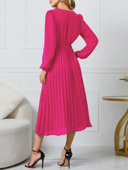 Dress for Women Solid Color V Neck Long Sleeve Slim-fitting Pleated Dress Spring Summer Temperament Elegant Evening Party Skirts