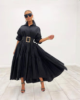 Spring Turn Down Collar Long Shirt Maxi Dress