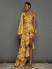 Hoobd Sexy Slanted Shoulder Floral Irregular Ruffle Dress Summer One Shoulder Cut Out Ruffle Long Dress Women Party Club Evening Dress