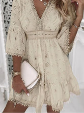 Elegant Lace Mini Dress Women Three Quarter Sleeve Dress Female V Neck Patchwork Lace Up Dress Ladies Vacation Beach Dress
