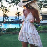 Hoobd summer dress cotton lace pleated halter backless beach dresses V-neck sexy dress women bohemian vestidos 2023