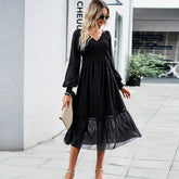 Autumn Dress Women Clothing 2023 New Women's V-neck Lantern Sleeve Solid Color Navy Blue Black Light Blue Apricot Long Dresses