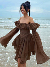 Hoobd Elegant Chiffon Corset Dress Brown Flare Long Sleeve Mini Dresses Vacation Short Party Dress Ruffles Slash Neck Outfit