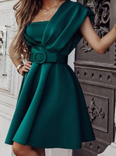 Hoobd Women Green One Shoulder Flared Party Dress With Belt