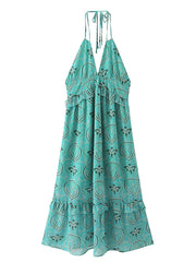 Sexy Backless Beach Summer Dress Women Bohemian Floral Print Deep V Neck Neck-mounted Lady Vacation Maxi Dresses