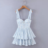 Fashion Women Spaghetti Strap Ruffle Cake Chiffon Dress Sexy Ladies Floral Print Holiday Party Mini Dress Summer Robe