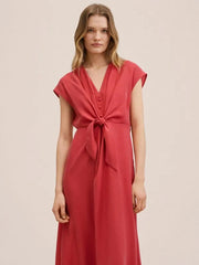 Women Vintage Front Bow Bandage A-line Party Dress Sexy Deep V neck Solid High Street Casual Dress Summer New Fashion