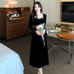 2023 New Spring and Fall Vintage Black Long Sleeve Dress Woman Elegant Fashion Velvet Midi Dress Korean Style Even Party Dresses