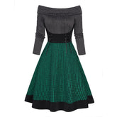 Hoobd Cable Knit Plaid Print Panel Dress Long Sleeve Lace Up Foldover Off the Shoulder Mini Dress For Women Spring Winter