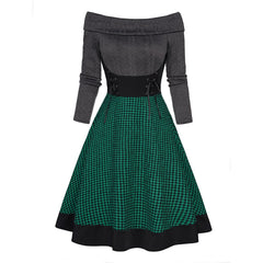 Hoobd Cable Knit Plaid Print Panel Dress Long Sleeve Lace Up Foldover Off the Shoulder Mini Dress For Women Spring Winter