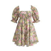 Hoobd Summer Women Rose Floral Print Dress Sexy Backless Puff Sleeve Ladies Holiday Party Mini Dresses