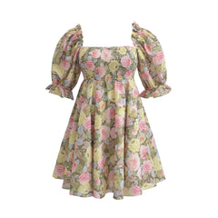 Hoobd Summer Women Rose Floral Print Dress Sexy Backless Puff Sleeve Ladies Holiday Party Mini Dresses