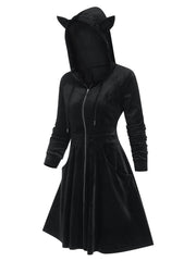 Hoobd Animal Hooded Zip Up Velour Dress A Line Mini Solid Color Long Sleeve Coat Robe For Women Fall WInter