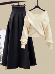 Hoobd2023 Autumn Winter Skirt Sets For Women Outfits Korean Casual Knitwears Pullover Sweater And High Waist Skirts Two Piece Sets