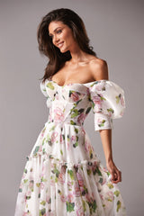 Amanda Puffy Sleeve Vestido De Novia Flower Printing Prom Gown Corset A-line Prom Dress Princess Off Shoulder