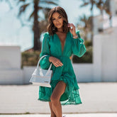 2023 New Women Autumn Boho Fashion Elegant Dresses Sexy V Neck Solid Sheer Mesh Long Puff Sleeve Butterfly White Lace Mini Dress