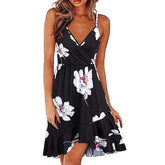 Hoobd S-2XL 17Colors Print Ruffles Sleeveless Fit Flare Dress Casual V-Neck Women Beach Party Entertainment Daily Suspender Wear