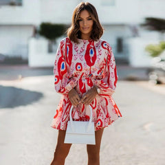 Casual 3/4 Sleeve Tunics Mini Dress Women Summer 2023 Fashion Floral Print O Neck Green Boho Streetwear Dresses Elegant Vestido
